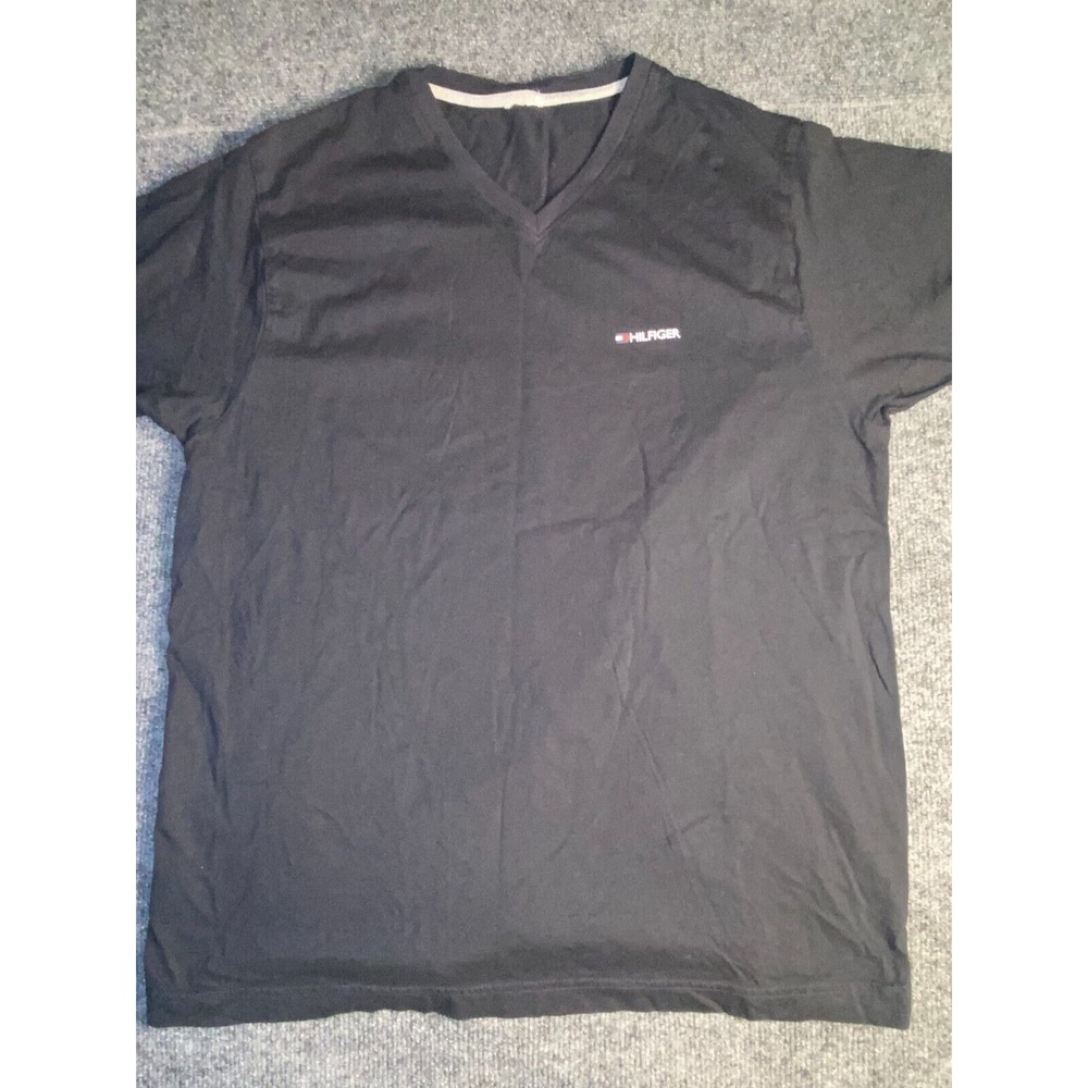 Tommy Hilfiger Tee Shirt Large Mens Black Solid Regular Fit Split V Neck